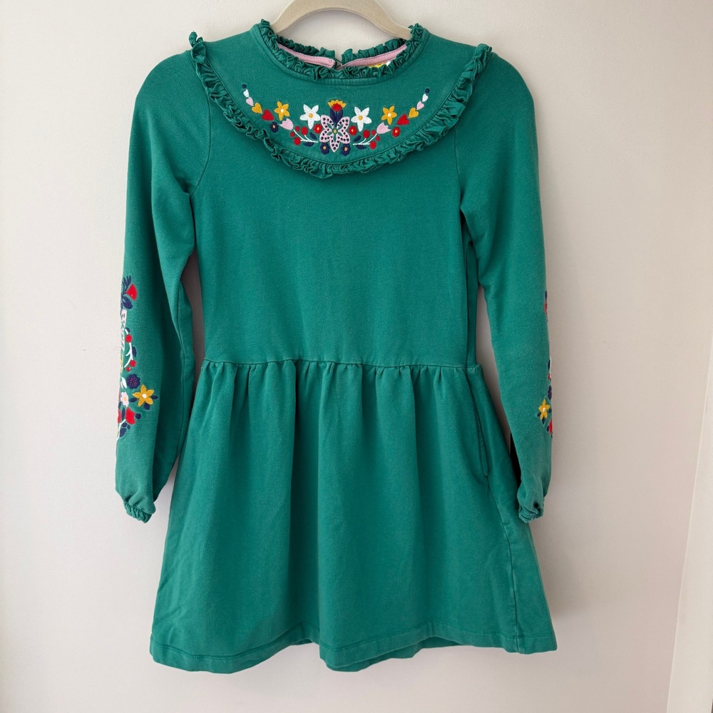 Mini Boden Girls Green Embroidered Floral Ruffle Jersey Dress 11-12Y 152cm